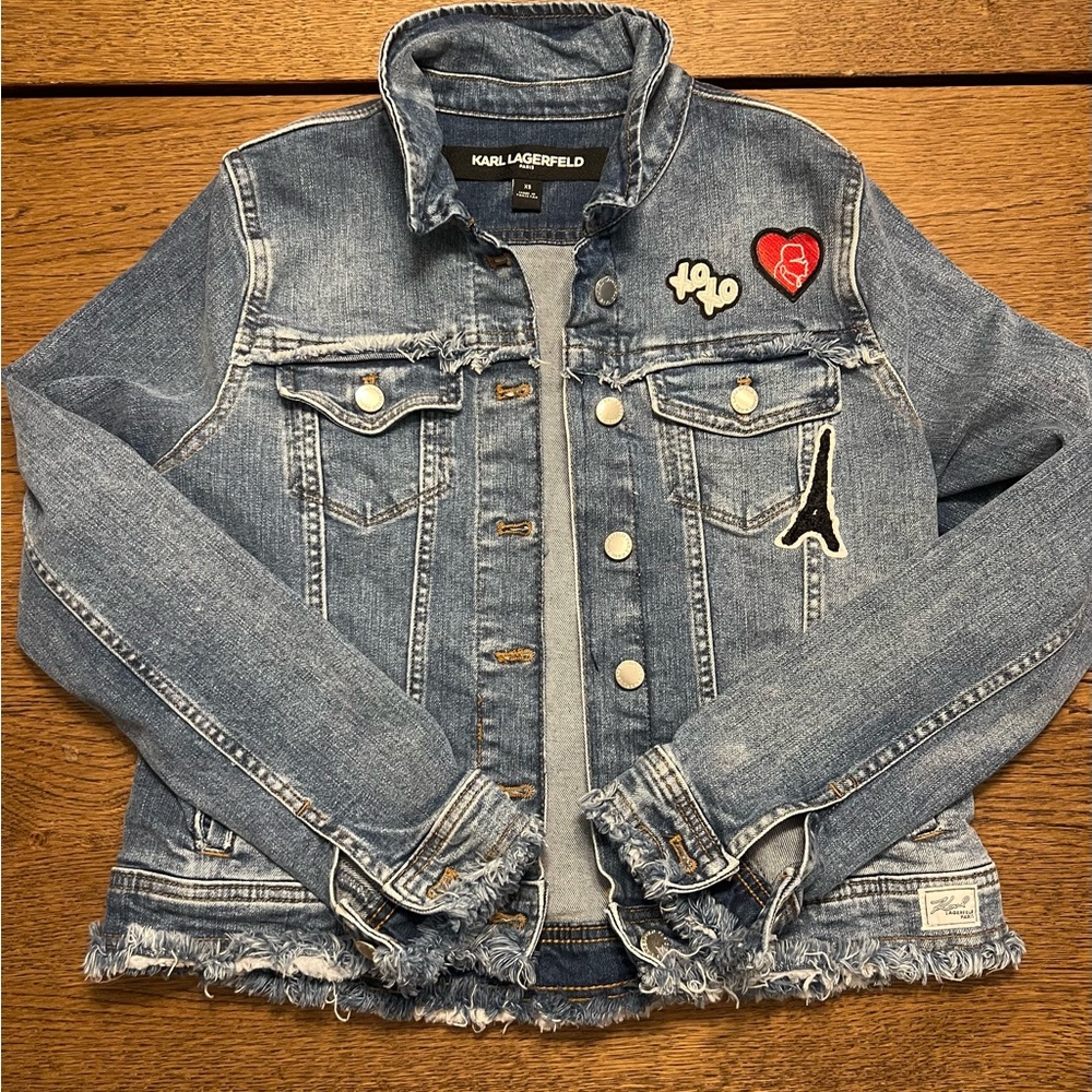 Karl Lagerfeld Distressed Blue Denim Jacket with Patches